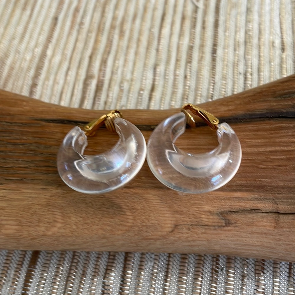 Vintage clear acrylic 1 inch long  x 1/4” wide hoops with gold clip fastener